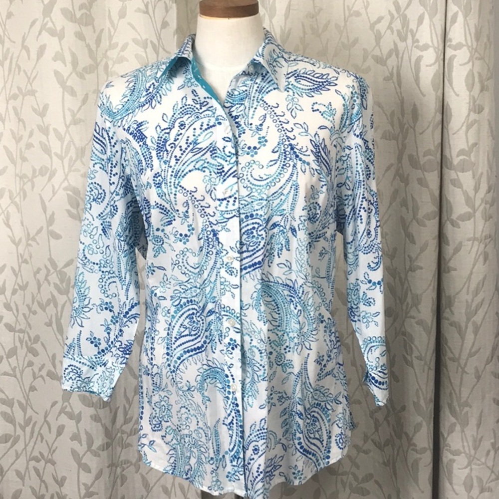 Jones New York 100% Cotton Button-Front top. Blue Paisley. Size 1X